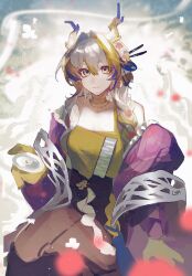 Rule 34 | 1girl, arknights, bare shoulders, blonde hair, camisole, chinese commentary, choker, closed mouth, commentary request, earrings, glint, grey eyes, grey hair, hair between eyes, hair intakes, highres, jewelry, light particles, light smile, long hair, looking at viewer, multicolored hair, off shoulder, official alternate costume, purple hair, shu (arknights), shu (spring feast) (arknights), solo, tongxi65938 (mo zuoren), unfinished, yellow camisole, yellow choker