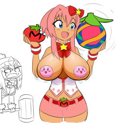 blue_eyes breast_envy breasts gender_request genderswap hammer king_dedede kirby kirby_(series) large_breasts matsu-sensei maxim_tomato miracle_fruit nintendo pasties personification pink_hair sweat tomato