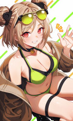 Rule 34 | 1girl, absurdres, bikini, blonde hair, blush, brown jacket, double bun, eyewear on head, girls&#039; frontline, green-tinted eyewear, green bikini, grin, hair between eyes, hair bun, highres, jacket, karaage (xxxmido02), long hair, looking at viewer, official alternate costume, open hand, p90 (girls&#039; frontline), p90 (the girl from b.e.l) (girls&#039; frontline), red eyes, sidelocks, smile, solo, sunglasses, swimsuit, tinted eyewear