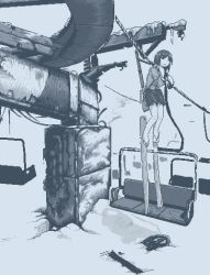 1girl blazer broken chairlift clinging closed_mouth empty_eyes hamsterfragment icicle jacket jaggy_lines long_sleeves medium_hair monochrome no_pupils no_socks original outdoors pleated_skirt rope school_uniform seat ski_lift skirt skis snow solo suicidal_girl_(hamsterfragment) wheel