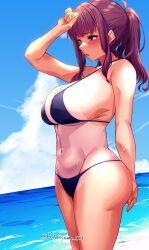 Rule 34 | 1girl, arm behind back, arm up, ass, bare arms, bikini, black bikini, blue sky, blush, breasts, brown hair, cevio, cloud, contrail, day, highres, large breasts, long hair, mole, mole under eye, natsuki karin, navel, ocean, open mouth, outdoors, ponytail, potassium oh, purple eyes, sidelocks, sky, solo, standing, sweat, swimsuit, tan, tanline, twitter username, underboob