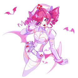 1girl claw_pose elbow_gloves gloves hat heart heart-shaped_pupils muse_dash nurse nurse_cap pink_hair pointy_ears rourow solo symbol-shaped_pupils test_tube thighhighs white_background white_thighhighs wings
