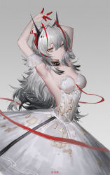 1girl alternate_hair_length alternate_hairstyle antenna_hair arknights arms_up breasts closed_mouth commentary_request dress expressionless grey_background grey_hair highres horns lingear long_hair medium_breasts multicolored_hair red_hair red_horns simple_background solo strapless strapless_dress two-tone_hair w_(arknights) white_dress yellow_eyes