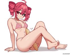 Rule 34 | 1girl, :3, ahoge, arm support, baguette, barefoot, between thighs, bikini, blush, bread, breasts, collarbone, crossed legs, drill hair, food, kasane teto, kuroonehalf, long hair, looking at viewer, medium breasts, navel, red bikini, red eyes, red hair, sitting, smile, striped bikini, striped clothes, swimsuit, twin drills, underboob, utau, vocaloid, white background