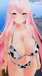 1girl 3d animated bikini bouncing_breasts breasts cleavage cornelia_vr cow_print cow_print_bikini curvy highres huge_breasts large_breasts long_hair looking_at_viewer pink_hair print_bikini red_eyes solo swimsuit tagme thighs video vrchat wide_hips yellow_eyes