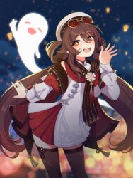 boo_tao_(genshin_impact) brown_hair brown_scarf brown_thighhighs chinese_clothes eyewear_on_head flower-shaped_pupils genshin_impact ghost hair_rings hat hu_tao_(cherries_snow-laden)_(genshin_impact) hu_tao_(genshin_impact) jewelry long_hair looking_at_viewer official_alternate_costume open_mouth red-tinted_eyewear red_eyes red_nails ring round_eyewear scarf skyvixie sunglasses symbol-shaped_pupils thighhighs tinted_eyewear white_hat yellow-framed_eyewear