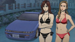 Rule 34 | 2girls, arm behind head, arm up, armpits, bad anatomy, bikini, black bikini, black eyes, breasts, cleavage, copyright name, cowboy shot, day, forest, grey hair, highleg, highleg bikini, initial d, jewelry, lips, lipstick, long hair, looking at viewer, makeup, medium breasts, multiple girls, nature, navel, necklace, nissan, nissan sileighty, outdoors, parted bangs, red bikini, red lips, satou mako, sayuki, sayuki (initial d), sil-eighty, smile, striped bikini, striped clothes, swimsuit, vehicle focus, vertical-striped bikini, vertical-striped clothes, white bikini