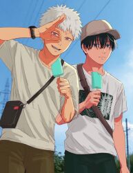 2boys alternate_costume baseball_cap black_hair blue_sky closed_mouth cloud commentary cowboy_shot day english_commentary food fox_shadow_puppet from_below hair_between_eyes hat highres hikaru_(hikaru_ga_shinda_natsu) hikaru_ga_shinda_natsu holding holding_food holding_popsicle looking_at_viewer male_focus mole mole_on_cheek mole_on_neck mole_under_eye mole_under_mouth multiple_boys multiple_moles open_mouth outdoors popsicle red_pupils shirt shkshnk short_hair sky standing teeth tongue translation_request tsujinaka_yoshiki watch white_hair white_shirt wristwatch