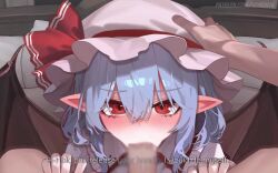 1boy 1girl :&gt;= animated ascot audible_speech bat_wings blue_hair blush bow cum cum_in_mouth deepthroat ejaculation embodiment_of_scarlet_devil erection fellatio hair_bow hair_ornament hat hat_bow hat_ribbon hetero highres holding irrumatio japanese_audio live2d looking_at_viewer moaning mob_cap oral penis pointy_ears pov red_eyes remilia_scarlet ribbon short_hair sound sweat tagme touhou video wings