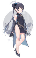 Rule 34 | 1girl, absurdres, black dress, black footwear, black gloves, black hair, blue archive, breasts, butterfly hair ornament, china dress, chinese clothes, closed mouth, coat, double bun, dragon print, dress, full body, gloves, grey coat, grey eyes, grey halo, hair bun, hair ornament, halo, high heels, highres, kisaki (blue archive), long hair, long sleeves, looking at viewer, open clothes, open coat, sleeveless, sleeveless dress, small breasts, solo, somray, striped clothes, striped coat, twintails, vertical-striped clothes, vertical-striped coat