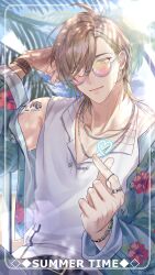 Rule 34 | 1boy, antenna hair, arm tattoo, belt, belt buckle, black belt, blue shirt, blue sky, blurry, blurry background, bracelet, brown hair, buckle, chain, chain necklace, closed mouth, cloud, collarbone, commentary request, day, earrings, english text, finger heart, floral print, gradient-tinted eyewear, green eyes, hair between eyes, hair over one eye, hand up, heart, hibiscus print, highres, jewelry, leaf, long hair, long sleeves, looking at viewer, male focus, natsuki (naki zemisei), necklace, nijisanji, oliver evans, open clothes, open mouth, open shirt, outdoors, palm leaf, palm tree, parted bangs, pink-tinted eyewear, print shirt, ring, round eyewear, shirt, short hair, shoulder tattoo, sky, sleeveless, sleeveless shirt, smile, solo, sunglasses, sunlight, sweat, swept bangs, tattoo, tinted eyewear, tree, virtual youtuber, white shirt, yellow-tinted eyewear
