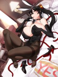 1girl akchu animal_ears bare_shoulders black_gloves black_hair black_leotard blurry blurry_background breasts brown_pantyhose chobi_(akchu) choker cleavage covered_erect_nipples covered_navel elbow_gloves feet gloves grabbing_own_breast hair_between_eyes high_heels highleg highleg_leotard highres huge_breasts knees_up legs leotard long_hair looking_at_viewer lying no_shoes on_back on_bed original pantyhose parted_lips pillow playboy_bunny ponytail rabbit_ears red_eyes ribbon shoes unworn_shoes solo thighband_pantyhose toes undersized_breast_cup yes-no_pillow