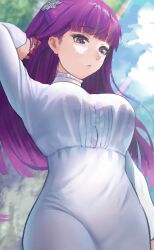1girl absurdres arm_up breasts closed_mouth cloud cloudy_sky dress fern_(sousou_no_frieren) hand_in_own_hair highres large_breasts long_hair outdoors purple_eyes purple_hair sengnam1997 sky solo sousou_no_frieren white_dress