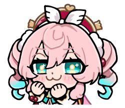 1girl :3 beret bkub blue_hair blush_stickers chibi chibi_only closed_mouth colored_tips commentary dot_nose dress english_commentary gradient_hair green_eyes guest_art hair_between_eyes hat honkai:_star_rail honkai_(series) hyacine_(honkai:_star_rail) long_hair long_sleeves multicolored_hair official_art pink_hair red_dress red_hat second-party_source simple_background solo transparent_background twintails