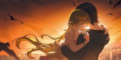 1boy 1girl ahoge araragi_koyomi bare_shoulders bird bite_mark black_hair blonde_hair collarbone crow dress enoharatoki highres long_hair monogatari_(series) oshino_shinobu pointy_ears ribbon short_hair sunrise vampire very_long_hair yellow_eyes