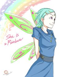 10s 1girl aqua_hair blue_dress dress eureka_(eureka_seven) eureka_seven_(series) eureka_seven_ao female_focus hair_ornament hairclip purple_eyes rainbow short_hair solo ticcy wings