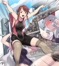 catfight commission hanabusa_(xztr3448) highres hip_attack idolmaster idolmaster_cinderella_girls mifune_miyu pixiv_commission shijou_takane tagme wrestling wrestling_ring