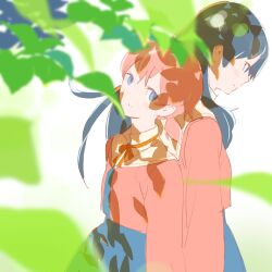 Rule 34 | 2girls, 55bata6rou, back-to-back, black hair, blue eyes, blurry, blurry foreground, cowboy shot, highres, koito yuu, leaf, long hair, long sleeves, looking at viewer, low twintails, multiple girls, nanami touko, neck ribbon, orange hair, ribbon, school uniform, short hair, short twintails, standing, tohmi higashi high school uniform, tree, tree shade, twintails, yagate kimi ni naru, yellow ribbon