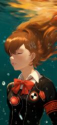 1girl air_bubble aqua_background armband black_jacket blush bow bowtie breasts bubble closed_eyes collared_shirt eyelashes floating_hair gekkoukan_high_school_uniform hair_between_eyes hair_ornament highres jacket jewelry long_hair mikan_zakuro necklace orange_hair parted_lips persona persona_3 persona_3_portable red_armband red_bow red_bowtie s.e.e.s school_uniform shiomi_kotone shirt small_breasts solo underwater upper_body