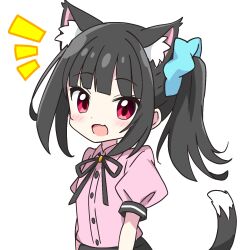 Rule 34 | 1girl, :d, animal ear fluff, animal ears, black hair, black ribbon, blush, buttons, cat ears, cat girl, cat tail, collared shirt, commentary request, dot nose, extra ears, fang, highres, kotatsu-mazoku, long hair, looking at viewer, neck ribbon, notice lines, open mouth, original, pink eyes, pink shirt, ribbon, shirt, short sleeves, side ponytail, simple background, skin fang, smile, solo, tail, upper body, white background