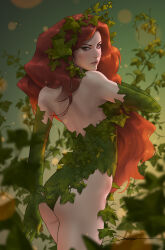 1girl bare_shoulders brown_eyes commentary dc_comics elbow_gloves english_commentary gloves green_gloves green_leotard highres jee-hyung_lee leaf leaf_clothing leotard long_hair orange_hair poison_ivy signature solo textless_version