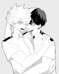 Rule 34 | 2boys, bakugou katsuki, boku no hero academia, burn scar, collared shirt, commentary request, grey background, hand on another&#039;s head, hand on another&#039;s shoulder, highres, male focus, multicolored hair, multiple boys, neminemisho, nervous sweating, open mouth, scar, scar across eye, scar on face, school uniform, shirt, short hair, short sleeves, simple background, spiked hair, split-color hair, sweat, teeth, todoroki shoto, upper body, wing collar, yaoi