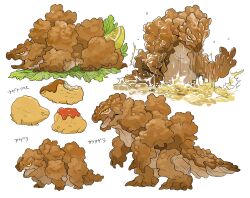 age_progression animal_focus bubble chicken_(food) chicken_nuggets closed_mouth cooking_oil food food-themed_creature food_bite food_focus fried_chicken from_side fruit full_body highres japanese_text ketchup kumakoro_(tetsupag) lemon lemon_slice lettuce lying monster multiple_views no_humans on_stomach open_mouth original profile sauce simple_background translation_request white_background yellow_eyes