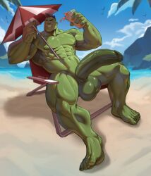 Rule 34 | 1boy, abs, absurdres, bara, beach, beach chair, beach umbrella, colored sclera, colored skin, commentary, completely nude, cup, english commentary, erection, gigantic penis, green eyes, green sclera, green skin, grin, highres, holding, holding cup, holding umbrella, huge testicles, hulk, large pectorals, luiixury art, male focus, marvel, marvel rivals, muscular, muscular male, navel, nipples, nude, outdoors, pectorals, penis, short hair, sitting, sky, smile, solo, testicles, thick thighs, thighs, twitter username, umbrella, variant set