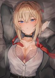 1girl belt black_belt black_jacket blonde_hair blue_eyes blush bra breasts cleavage collared_shirt commentary_request dress_shirt girls&#039;_frontline girls&#039;_frontline_2:_exilium hair_intakes hair_ribbon highres jacket kalina_(girls&#039;_frontline) looking_at_viewer lying necktie on_back open_clothes open_jacket parted_lips partially_unbuttoned pink_bra red_ribbon ribbon ringobatake shirt solo sweat underwear undone_necktie upper_body wet white_mouth white_shirt