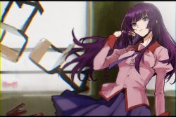 Rule 34 | 1girl, bakemonogatari, blurry, blurry background, breasts, chair, closed mouth, collar, copyright logo, cowboy shot, eyelashes, floating, floating hair, floating object, grey eyes, hand up, highres, indoors, juliet sleeves, long hair, long sleeves, looking at viewer, medium breasts, monogatari (series), naoetsu high school uniform, necktie, pink shirt, pleated skirt, puffy sleeves, purple hair, purple necktie, purple skirt, sanketsu (user zxmp2323), school chair, school uniform, senjougahara hitagi, shirt, skirt, solo, very long hair