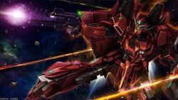 absurdres aeug asteroid battle beam_rifle color_variation company_name copyright_notice energy energy_beam energy_gun firing glowing gundam gundam_battle_operation_2 gundam_evolve highres holding holding_weapon machinery mecha mecha_focus mobile_suit nebula no_humans official_art painting_(medium) realistic robot scan science_fiction solo space star_(sky) sunrise_(company) tenjin_hidetaka thrusters traditional_media v-fin weapon zeta_gundam_p2/3c_type