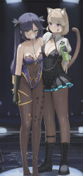 Rule 34 | 2girls, absurdres, animal ear fluff, animal ears, bare shoulders, black boots, black gloves, black leotard, boots, breasts, brown hair, brown pantyhose, cat ears, cat girl, cat tail, cleavage, dolri, facial tattoo, full body, genshin impact, gloves, green eyes, highres, lace-up boots, leotard, long hair, looking at another, looking at viewer, lynette (genshin impact), mask, medium breasts, mona (genshin impact), mouth mask, multiple girls, oxygen mask, pantyhose, purple eyes, purple hair, short hair, standing, star tattoo, tail, tattoo, twintails