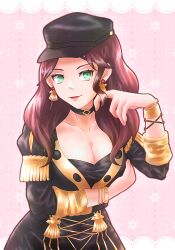 1girl arm_under_breasts artist_name black_choker black_hat breasts brown_hair choker cleavage collarbone dorothea_arnault earrings fire_emblem fire_emblem:_three_houses green_eyes hat highres jewelry large_breasts leaning_forward long_hair nintendo open_mouth peaked_cap pink_background smile solo standing twitter_username wai_power wavy_hair