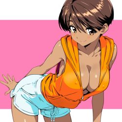 Rule 34 | 1girl, bent over, blush, breasts, brown eyes, brown hair, cleavage, coco chino, covered erect nipples, dark-skinned female, dark skin, hanging breasts, hood, hooded jacket, jacket, large breasts, looking at viewer, no bra, orange jacket, pink background, short hair, short shorts, shorts, sleeveless, sleeveless jacket, smile, solo, super real mahjong, toono mizuki, two-tone background, white background, white shorts