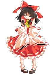 1girl alphes_(style) ascot black_hair black_shoes bow closed_eyes commentary_request dairi detached_sleeves dress full_body hair_bow hair_tubes hakurei_reimu large_variant_set long_sleeves open_mouth parody pigeon-toed red_bow red_dress shoes smile solo style_parody tachi-e touhou transparent_background variant_set wide_sleeves