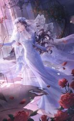 Rule 34 | 1girl, artist request, black hair, blue eyes, blue flower, blue rose, breasts, bride, castle, celina (shining nikki), chandelier, choker, circlet, cleavage, dappled sunlight, dress, eyelashes, floating clothes, floating hair, floral print, flower, full body, game cg, grand piano, head wreath, highres, indoors, instrument, juliet sleeves, lace, lace-trimmed veil, lace choker, lace trim, light particles, light rays, lipstick, long dress, long hair, long sleeves, looking ahead, makeup, moonlight vow (shining nikki), nikki (series), official art, outstretched hand, parted lips, petals, piano, pink lips, puffy sleeves, purple sky, red flower, red rose, rose, rose petals, see-through clothes, see-through veil, shining nikki, sky, sleeves past wrists, solo, stairs, standing, stool, sunlight, sunset, tile floor, tiles, veil, very long hair, vest, wavy hair, wedding dress, white choker, white dress, white vest, wind, window