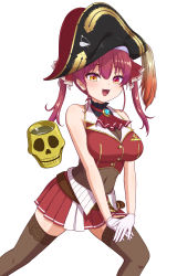 1girl :d absurdres ascot bare_arms bare_shoulders belt bicorne black_coat breasts brooch brown_belt brown_thighhighs cleavage coat covered_navel cropped_jacket fang feet_out_of_frame frilled_shirt_collar frills gloves gold_trim hachiman_tanuki hair_ribbon hand_on_own_thigh hat heterochromia highres hololive hololive_fantasy houshou_marine jacket jewelry lace lace-trimmed_legwear lace_trim large_breasts leaning_forward leather_belt leotard leotard_under_clothes long_hair looking_at_viewer midriff miniskirt open_mouth pirate pirate_hat pleated_skirt red_ascot red_eyes red_hair red_jacket red_ribbon red_skirt ribbon see-through_clothes see-through_cleavage see-through_leotard simple_background skin_tight skirt sleeveless sleeveless_jacket smile solo thighhighs twintails virtual_youtuber white_background white_gloves yellow_eyes