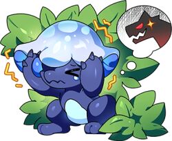 &gt;_&lt; 1other bush chibikemo closed_eyes dragon dragon_village_(series) dragon_village_collection fairy_mushroom_dragon_(dragon_village) furry game_cg hands_on_own_head hiding lowres official_art solo speech_bubble third-party_source thought_bubble transparent_background trembling