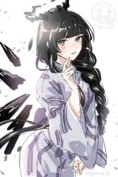 1girl arknights black_eyes black_hair black_halo blush braid commentary cowboy_shot grey_kimono halo hand_up highres japanese_clothes kimono long_hair looking_at_viewer meme misago33695466 mole mole_under_eye sketch smile solo standing twitter_username uohhhhhhhhh!_(meme) virtuosa_(arknights) white_background wide_sleeves