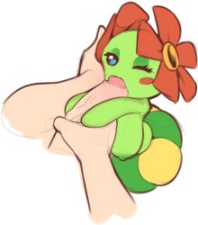 1girl bellossom breasts colored_skin gen_2_pokemon green_skin mystical_(plantpenetrator) nintendo nipples oral penis petite pokemon skirt