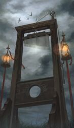 bird cloud cloudy_sky commentary fate/grand_order fate_(series) grey_background grey_sky grey_theme guillotine hanging_lantern lasengle no_humans object_focus official_art sky still_life third-party_source