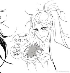 1boy =_= angry animal animal_on_hand animalization artist_name blank_eyes brothers chinese_commentary chinese_text closed_eyes commentary_request cropped curtained_hair half-siblings hands_up heartsteel_(league_of_legends) heartsteel_yone hedgehog high_ponytail in_palm league_of_legends light_smile lineart male_focus parted_lips pet ponytail scar scar_on_face scar_on_nose siblings simple_background simplified_chinese_text skanroooo sketch speech_bubble translation_request unkempt v-shaped_eyebrows watermark weibo_watermark white_background yasuo_(league_of_legends) yone_(league_of_legends)