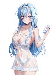 1girl absurdres bare_shoulders blue_eyes blue_hair bottle breasts collarbone commentary_request covered_navel cowboy_shot goddess_of_victory:_nikke hairband helm_(nikke) helm_(post-shower_moment)_(nikke) highres holding holding_bottle large_breasts long_hair looking_at_viewer official_alternate_costume panties see-through_clothes see-through_nightgown simple_background solo suggestive_fluid thighs underwear wet wet_clothes white_background white_hairband white_panties yurang_heart