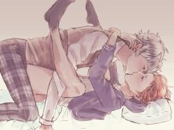 2boys anal arms_around_another&#039;s_neck artist_request bad_id bad_pixiv_id bottomless clothed_sex dress_shirt ensemble_stars! eye_contact green_eyes grey_hair hood hoodie kiss legs_up looking_at_another male_focus male_penetrated missionary multiple_boys pants red_hair sena_izumi_(ensemble_stars!) sex shirt socks tagme tsukinaga_leo vest yaoi