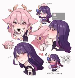 ...? 2girls animal animal_ears animal_on_head bite_mark bleeding blood blush bridal_gauntlets chibi closed_eyes closed_mouth finger_in_another&#039;s_mouth genshin_impact highres long_hair mole mole_under_eye multiple_girls nonons on_head open_mouth pink_hair purple_hair raiden_shogun scarf teeth yae_miko yae_miko_(fox) yuri