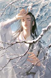 1boy black_hair blue_eyes blurry blurry_background blurry_foreground branch chinese_clothes chu_wanning closed_mouth erha_he_tadebai_mao_shizun hanfu highres long_hair long_sleeves looking_at_viewer male_focus oten sash shading_eyes shirt snow solo upper_body watermark weibo_watermark white_hanfu white_shirt wide_sleeves xiao_guan_(headdress)