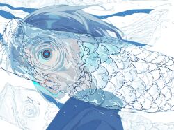 Rule 34 | 1girl, blue eyes, blue hair, blue kimono, blue ribbon, fish, floating liquid, from side, hashtag-only commentary, highres, japanese clothes, kimono, looking at viewer, looking to the side, original, parted lips, ribbon, ringed eyes, ripples, solo, umi (umi04787030), water, water drop