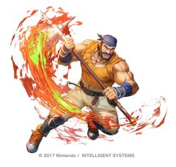 1boy arm_hair bandana beard belt brown_hair commentary_request company_name dagdar_(fire_emblem) dai-xt facial_hair fire_emblem fire_emblem:_thracia_776 fire_emblem_heroes full_beard full_body holding holding_weapon jewelry male_focus muscular muscular_male necklace nintendo official_art open_mouth pectoral_cleavage pectorals short_hair simple_background solo weapon white_background
