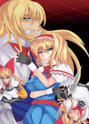 4girls alice_margatroid ashima_takumi blonde_hair blue_eyes bow capelet doll female_focus fingerless_gloves gloves goliath_doll hair_bow hairband headband long_hair multiple_girls puppet_rings puppet_strings ring shanghai_doll shield short_hair stitches touhou xeqj