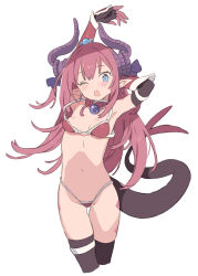 1girl armor bikini bikini_armor black_thighhighs blade_(galaxist) blue_eyes blush bracer breasts earrings elizabeth_bathory_(brave)_(fate) elizabeth_bathory_(fate) fate/grand_order fate_(series) highres horns jewelry lizard_tail looking_at_viewer medium_hair navel one_eye_closed open_mouth oversized_breast_cup pink_hair pointy_ears purple_horns red_bikini simple_background small_breasts solo stomach swimsuit tail thigh_marking thighhighs thighs white_background